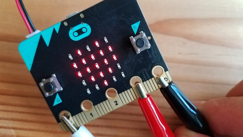 The micro:bit chip with two prongs connected to it.