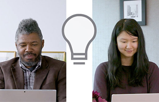 A man and a woman working on their Windows 10 PCs in separate locations yet they are sharing the same idea, which is identified by a lightbulb illustration between them.