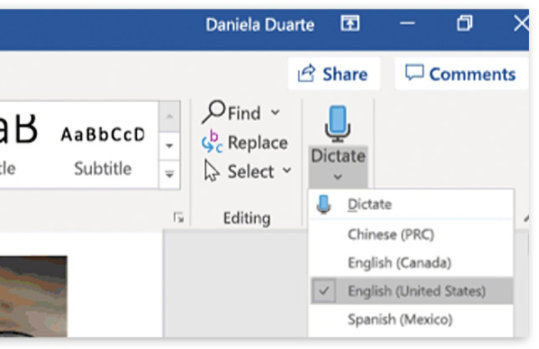 The Dictate drop down menu with available language options
