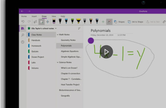 A OneNote screen showing the math assistant from the OneNote video