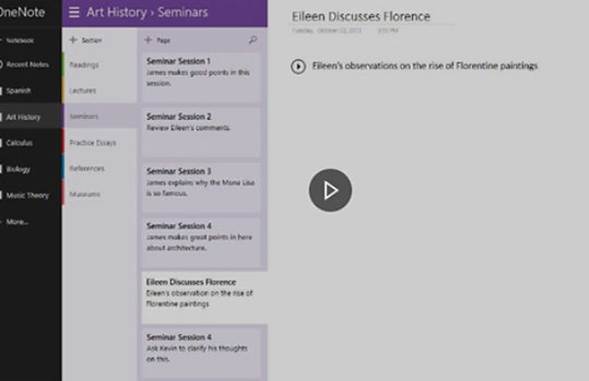 A OneNote screen showing class notes from the OneNote video
