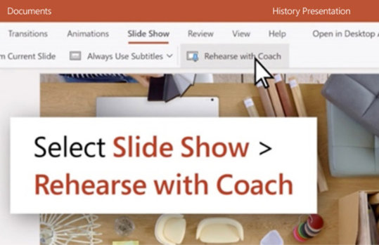 A PowerPoint menu with a cursor over the Rehearse with Coach option