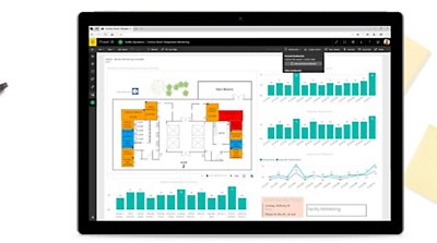 Sticky notes, a pen and a tablet device showing a Power BI dashboard.