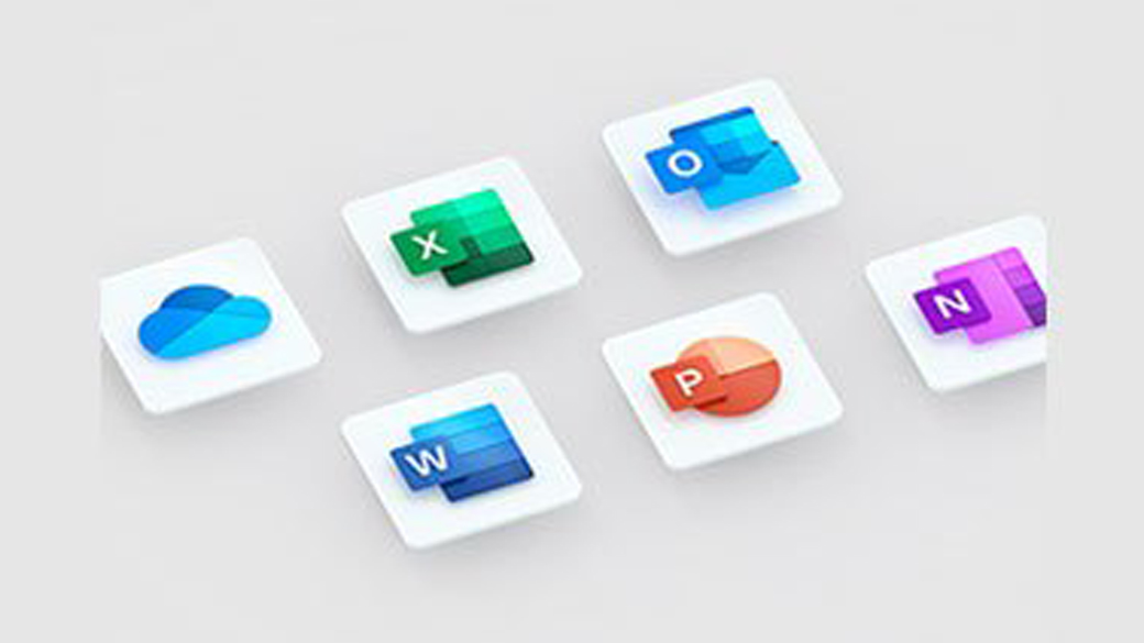 Collection of Microsoft 365 icons, Word, Excel, PowerPoint, Outlook, OneDrive, OneNote