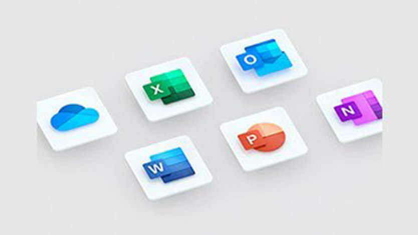 Collection of Microsoft 365 icons, Word, Excel, PowerPoint, Outlook, OneDrive, OneNote