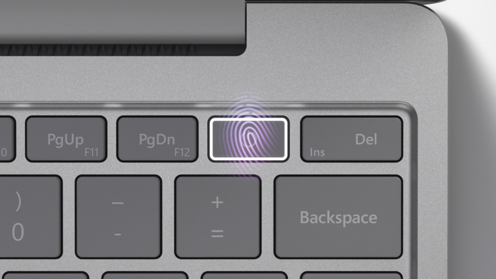 Primo piano del pulsante di accensione dell'impronta digitale su Surface Laptop Go.