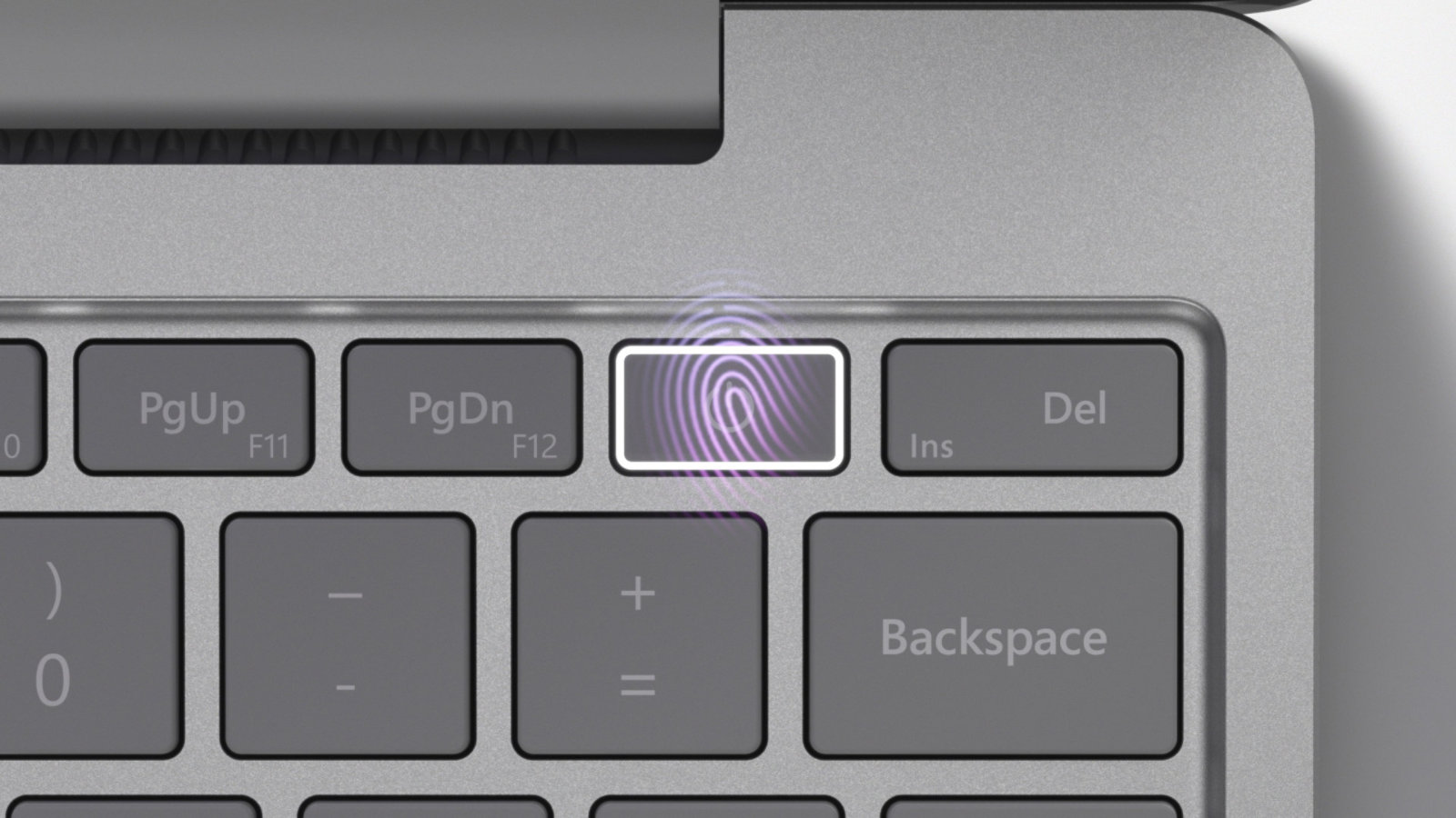 Primo piano del pulsante di accensione dell'impronta digitale su Surface Laptop Go.