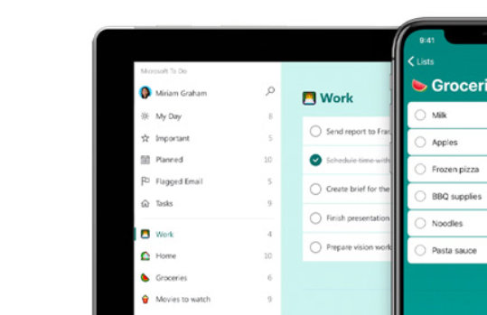 A phone screen and a PC screen showing Microsoft To Do lists