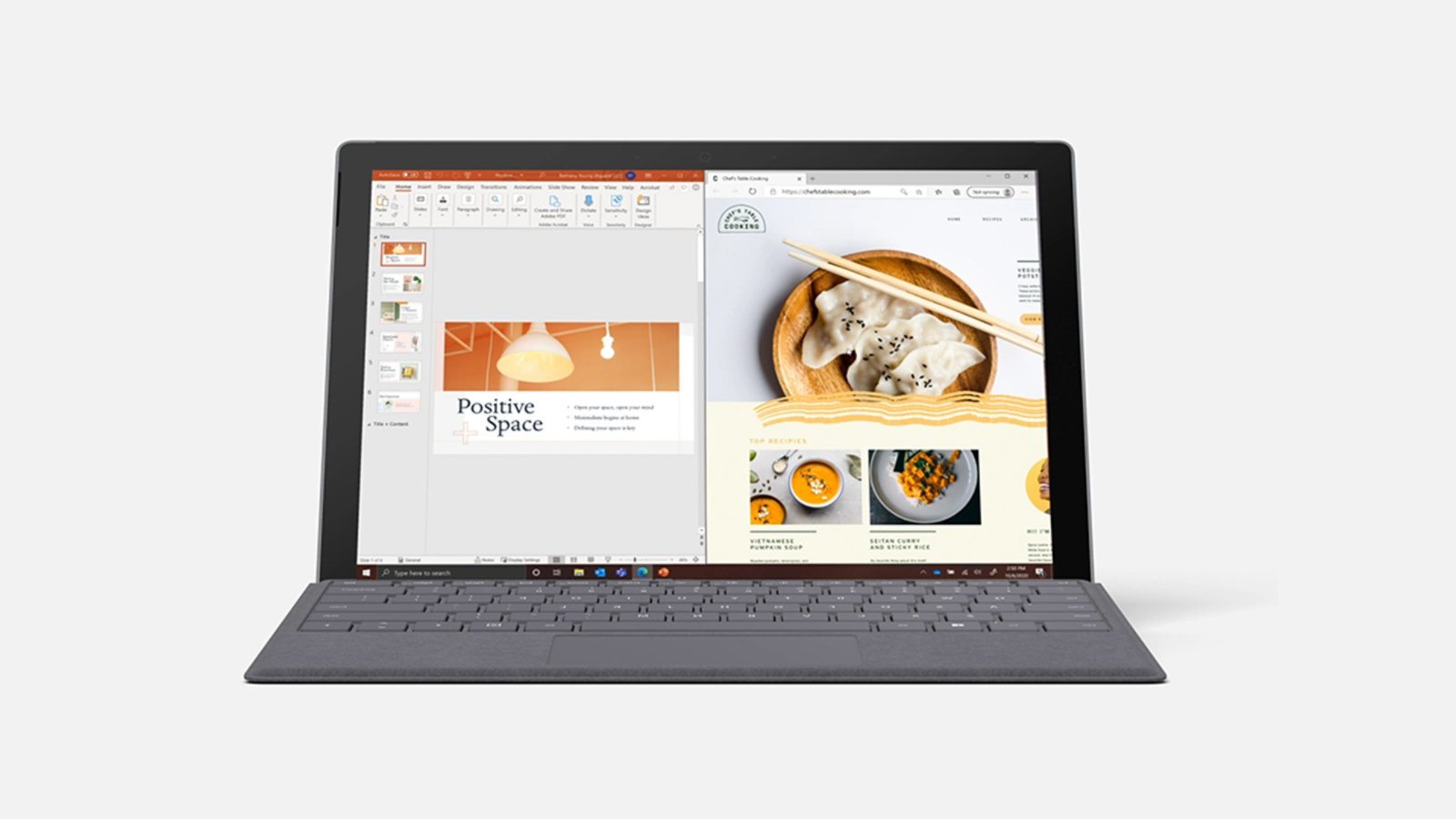 Front view of a Surface Pro 7 displaying a split screen view of PowerPoint and Edge browser.