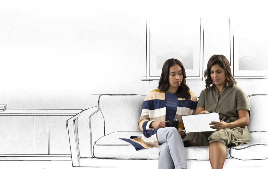 Two people looking at a tablet while seated on a sofa in a sketched environment.