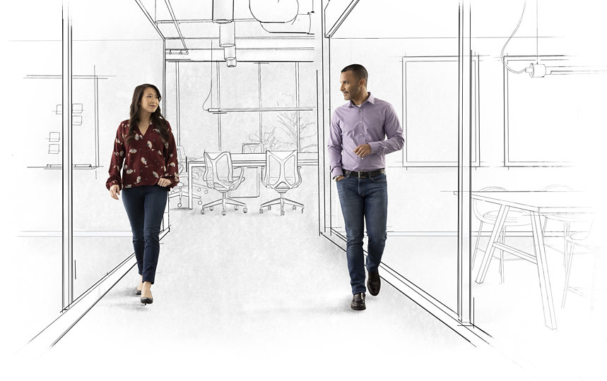 Two coworkers walking through an office. The environment around them is sketched. 
