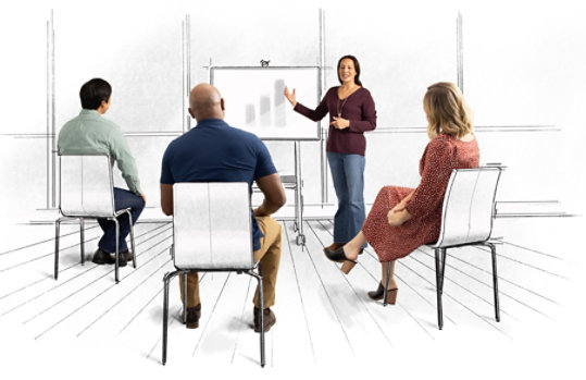 An employee giving a presentation to a small group of people in a sketched office environment.
