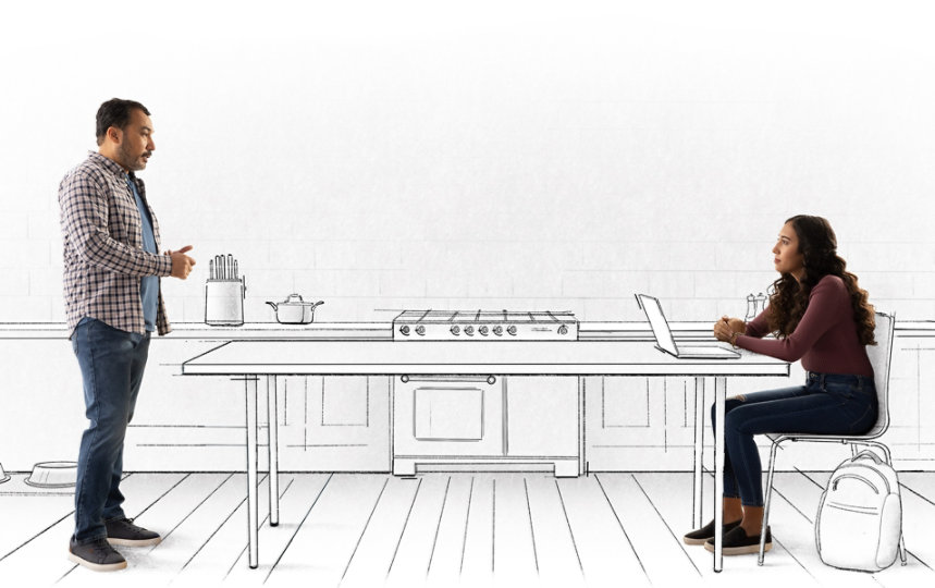 Two people having a conversation in a sketched office kitchen environment. One uses a laptop.