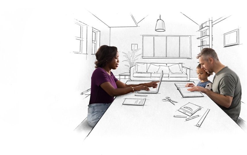 A couple and their child sitting around a table at home. Their environment is sketched. 