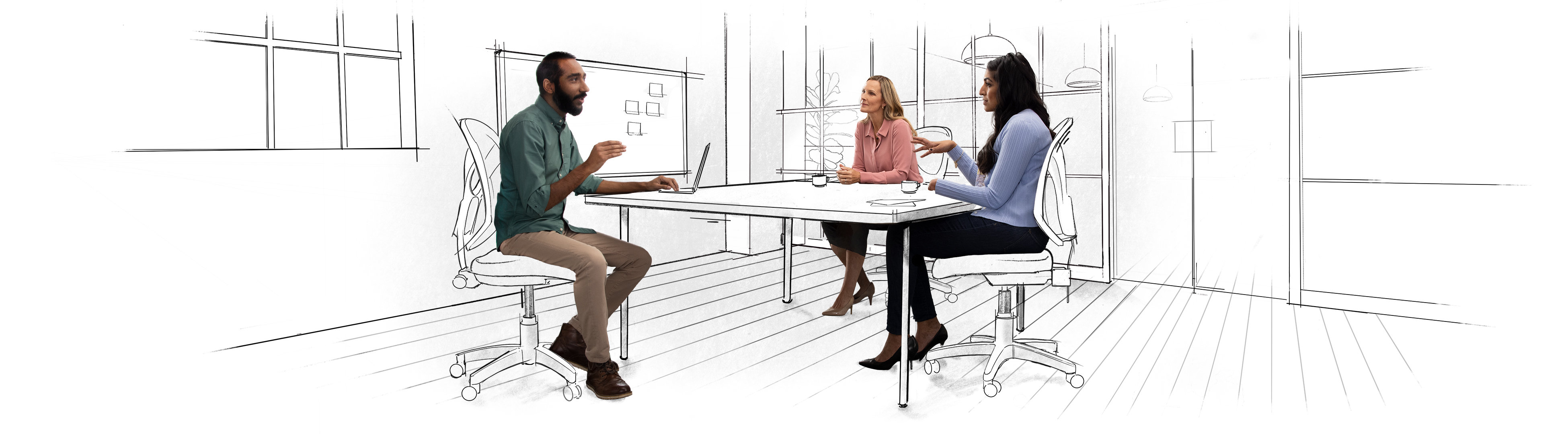 A group of three coworkers collaborating around a table. Their office environment is sketched; a work in progress.