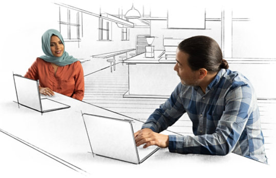 Two individuals with laptops sharing ideas in a sketched office environment.