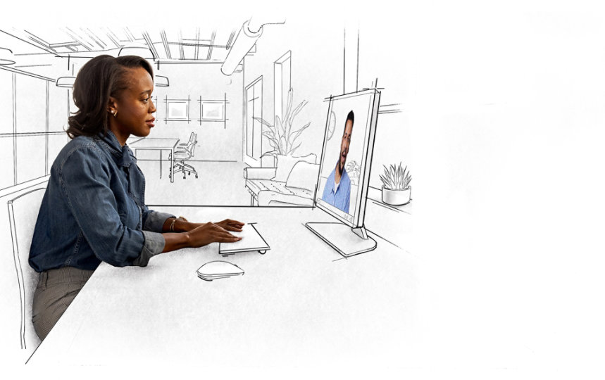 Two people having a conference call. One is on screen, while the other is watching at their desk in an office. The surroundings are sketched. 