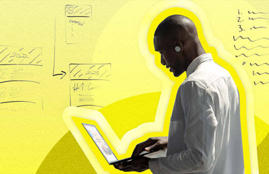 Man navigating his laptop with illustrated yellow background with scribble