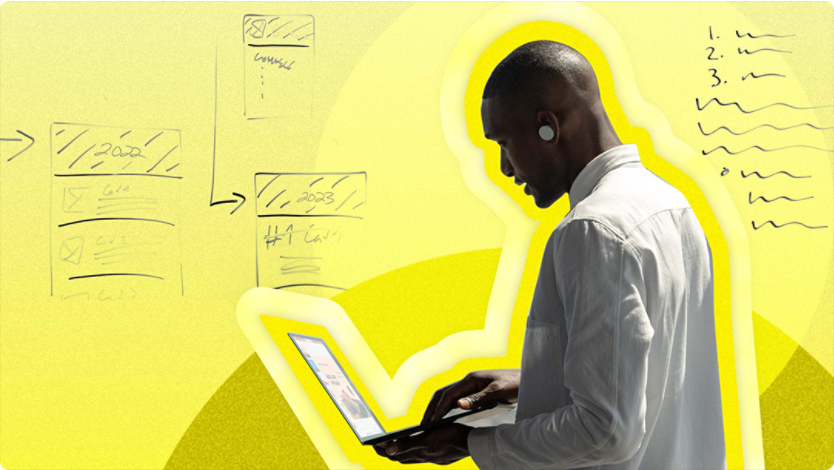 Man navigating his laptop with illustrated scribbles on a yellow background