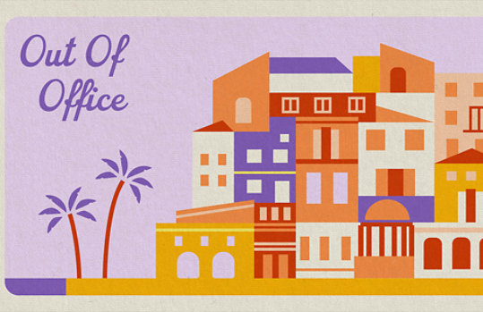 Out of office text with illustrated palm trees and vacation buildings