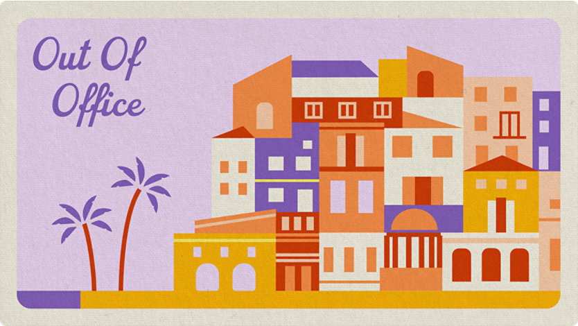 Out of office text with illustrated palm trees and vacation buildings