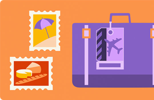 Illustrated vacation stamps and purple suitcase with orange background