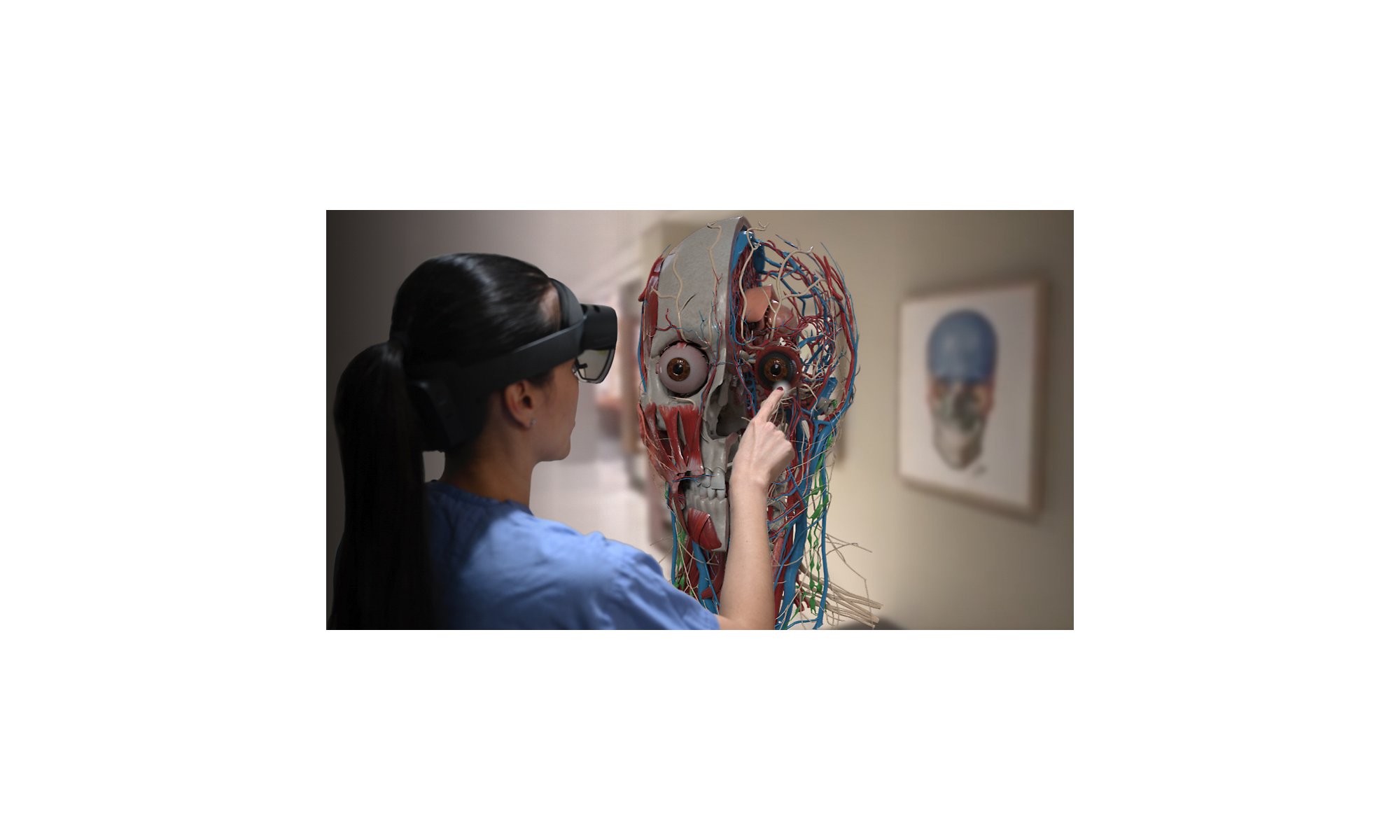 Una persona mira el interior de una cabeza humana en realidad aumentada con HoloLens 2.