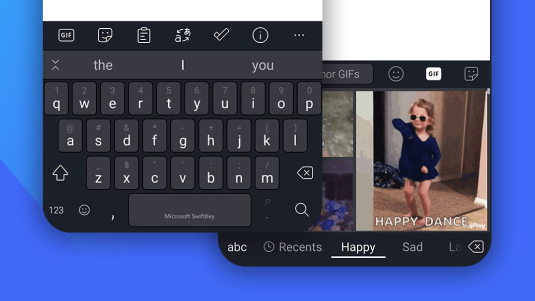 A graphic of two SwiftKey keyboards demonstrating the GIFs, Clipboard, Translator, and Stickers functions