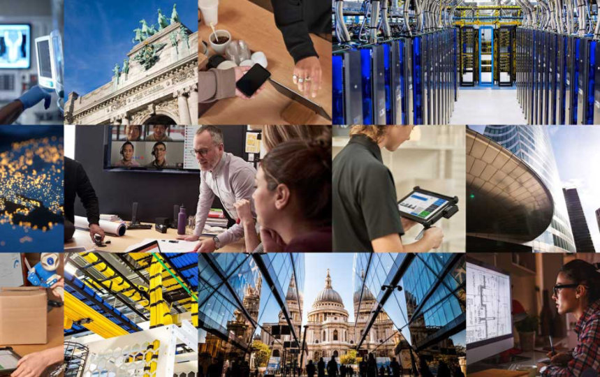A collage of security-related photos, such as a data center, the world, people using technology, and photos of Europe. 