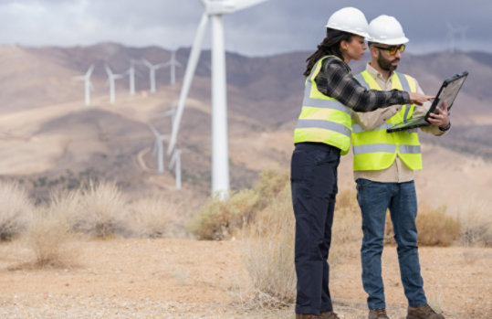 Field engineers discussing data viewed on a laptop after the inspection of turbines on a wind farm.