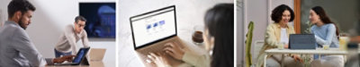 Two people working together in a conference room. A person typing on a laptop. Two people working together on a tablet.