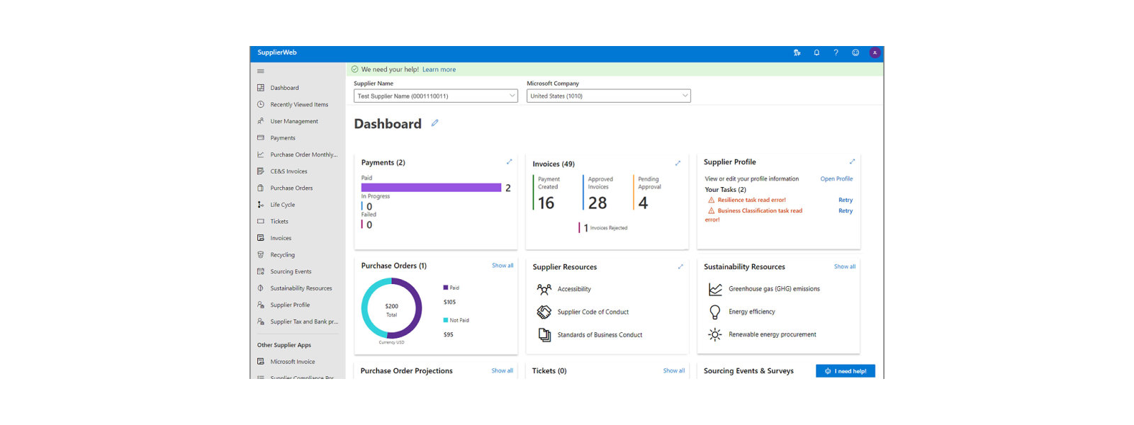 Screenshot of SupplierWeb dashboard.