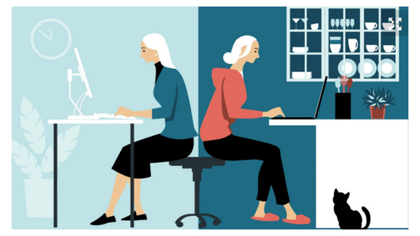 Two women sitting back to back working on computers, indicating working at an office and working from home