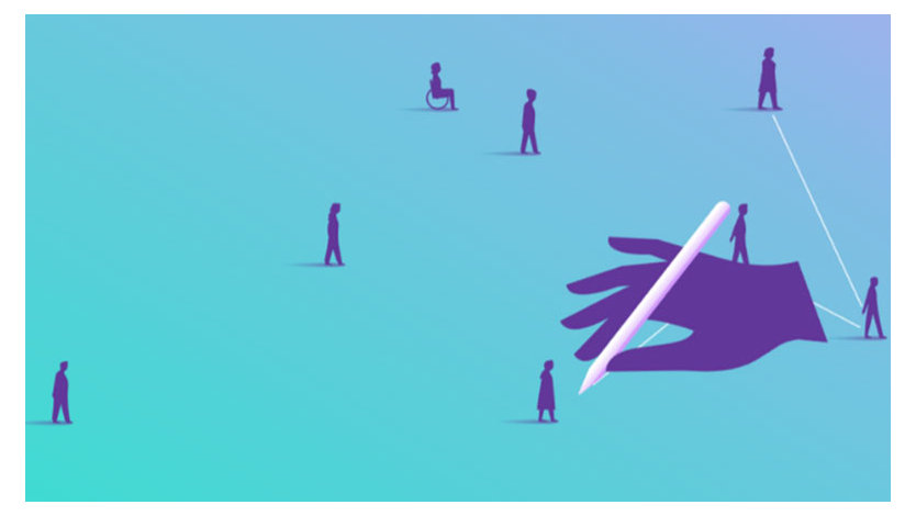 A graphic of people spaced out on a teal background with a hand and pen connecting them with a line. 