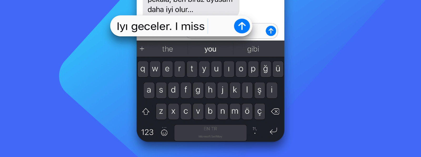 Çeşitli dillerde yazmak için SwiftKey kullanan iPhone