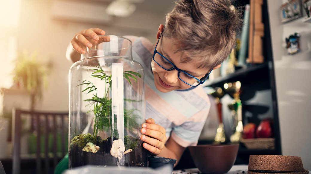 Photo credit: Imgorthand/E+/Getty Images. Young boy making a plant bottle garden at home.