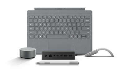 A Surface headset, keyboard, mouse and pen