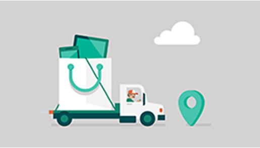 A truck carrying a bag full of electronics and a location icon