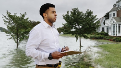 Osoba v bílém tričku držící schránku před vodní plochou