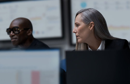 Two people looking at desktop monitors.