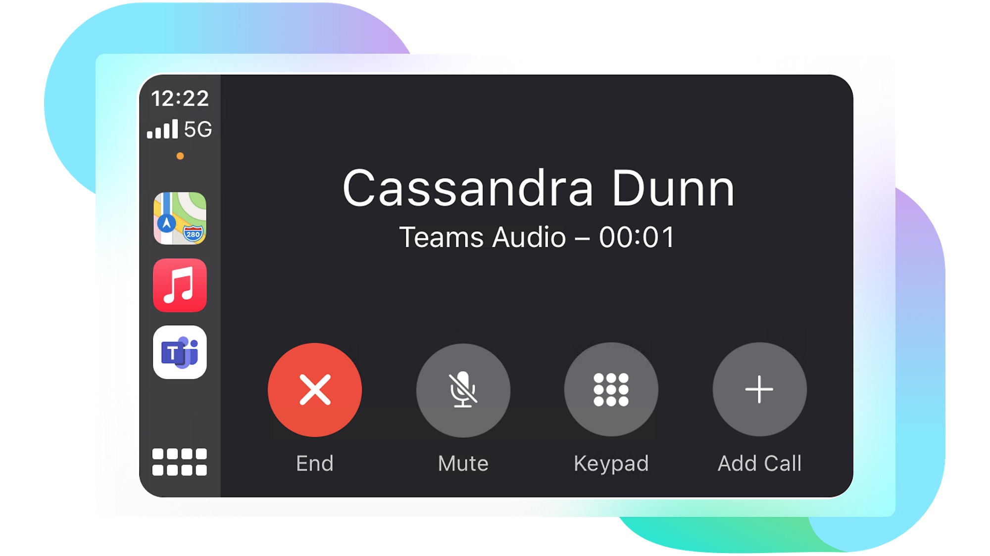Zobrazenie prebiehajúceho hovoru v systéme Apple CarPlay v službe Teams