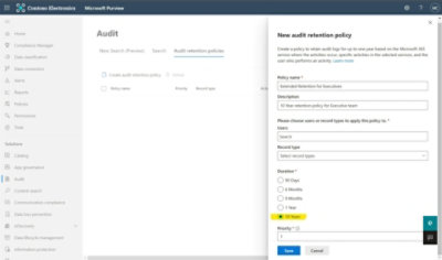 Képernyőkép az adatmegőrzési szabályzat beállításainak irányítópultjairól.