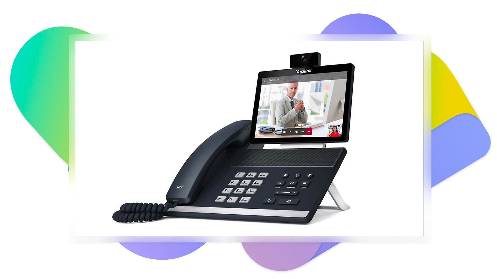 A desk phone with a Teams video display.