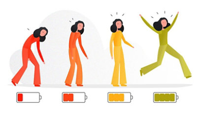 An illustration of a woman who gains progressively more energy as her cartoon battery fills up