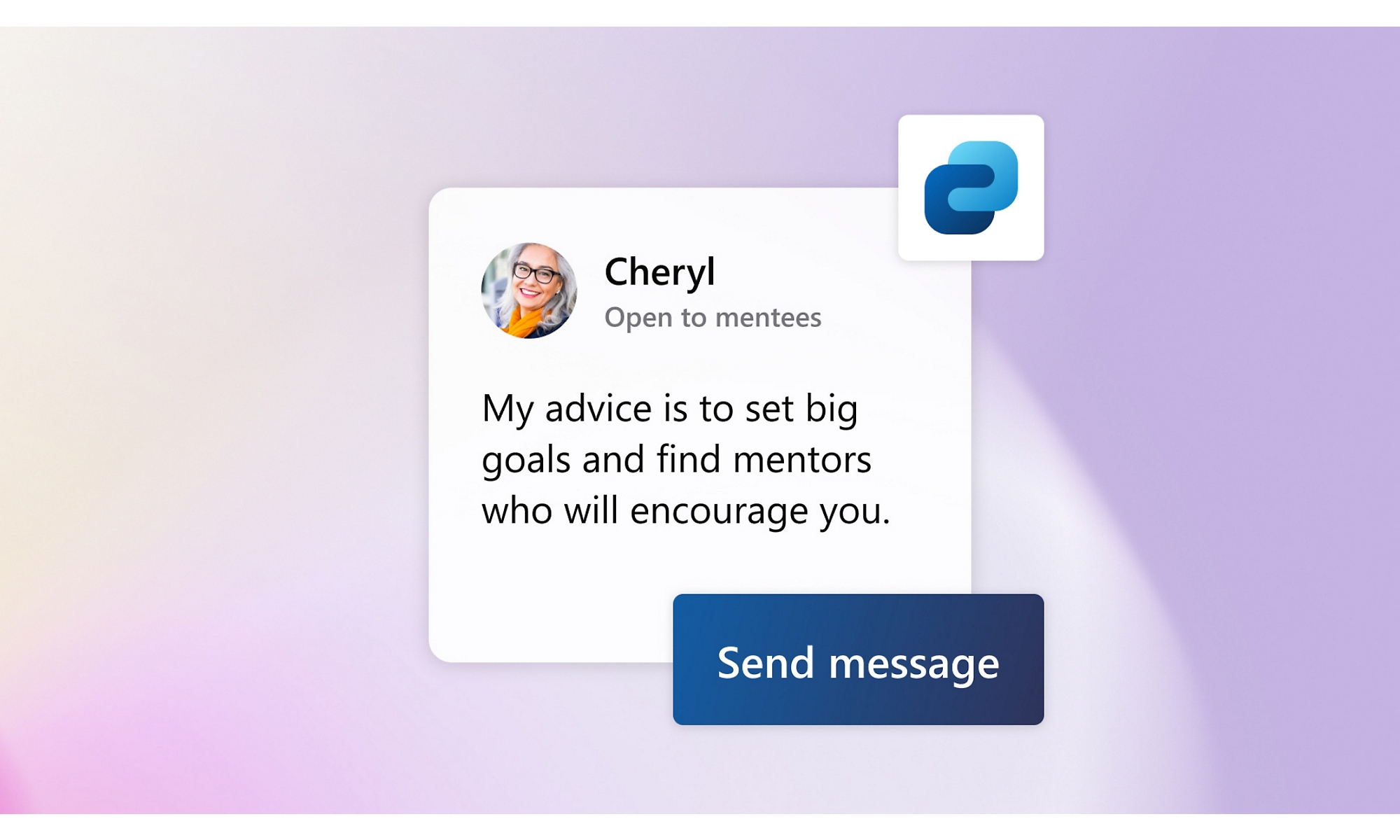 Uma mentora a dar conselhos através de mensagens de texto no Viva Connections.