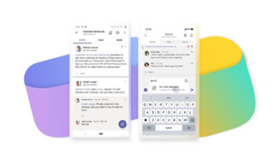 Zwei Mobilgerät-Displays mit Unterhaltungen und Postings in Teams
