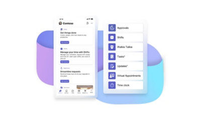 Zwei Displays mit einem Dashboard in Viva Connections und eine Liste der verfügbaren Apps wie Genehmigungen, Schichten, Walkie-Talkie, Aufgaben, Updates, virtuelle Termine und Stechuhr.