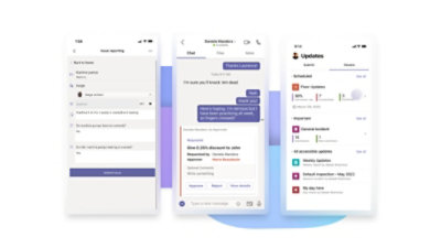 Drei Mobilgerät-Displays mit einem Problembericht, der in Teams erstellt wird, demselben Problembericht, der in einem Teams-Chat geteilt wird, und Überarbeitungen dieses Problemberichts