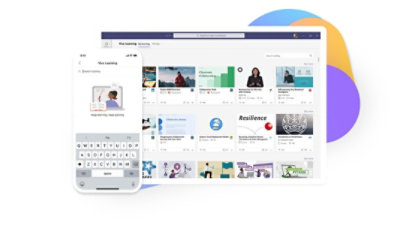Ein Mobilgerät-Display mit einer Katalogsuche in Viva Learning und ein Desktopbildschirm verschiedener Viva Learning-Schulungen