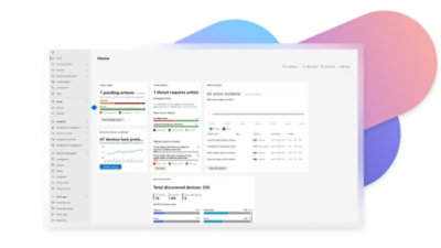 Ein Dashboard in Microsoft 365 Defender, das aktive Aktionen, Bedrohungen und mehr zeigt